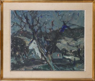 une image d'une peinture représentant une maison et des arbres dans un champ