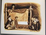 drawing of a group of people sitting on the floor in front of a weaving machine