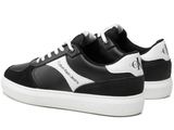 a black and white sneaker with a logo on the side