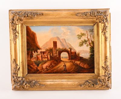 une peinture à l'huile représentant un paysage avec un pont et un village