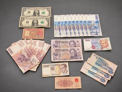 Plusieurs billets de différentes devises sont disposés sur une table