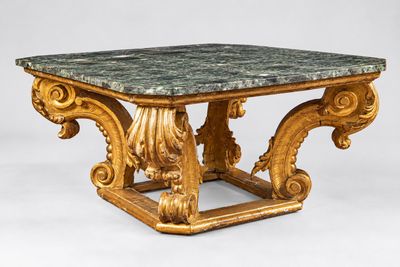 une image d'une table avec un plateau en marbre sur un fond blanc