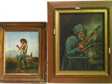 two paintings of a man playing a guitar and a woman playing a mandolin