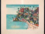 tableau représentant une vue de plage avec des personnes se promenant sur le sable