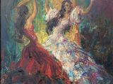 an oil painting of two women dancing in a red dress