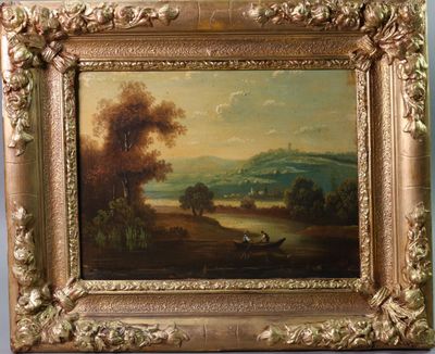 un vieux tableau représentant un paysage avec un bateau sur l'eau