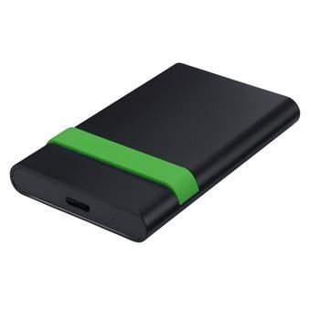 une image représentant une batterie externe noire et verte ornée d'une bande verte