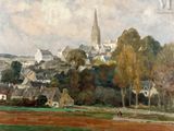 tableau représentant une vue d'une ville avec une église au loin