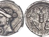 a silver coin with a woman and a man on it