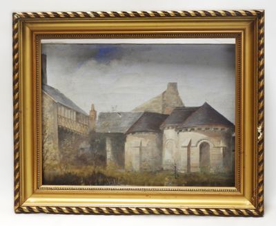 an oil painting of a building with a tower in the background