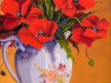 un tableau représentant un vase contenant des fleurs rouges