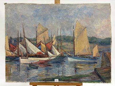 un tableau représentant des voiliers sur l'eau, posé sur un chevalet