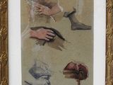 painting of a woman ' s hands and shoes in a gold frame