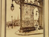 an old drawing of a street light in front of a building