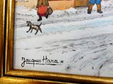un tableau représentant une femme promenant son chien dans la neige