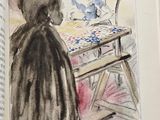a drawing of a woman sitting at a table in front of a child