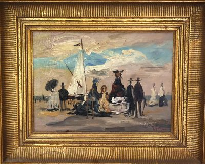 tableau représentant un groupe de personnes sur une plage, avec un voilier en arrière-plan