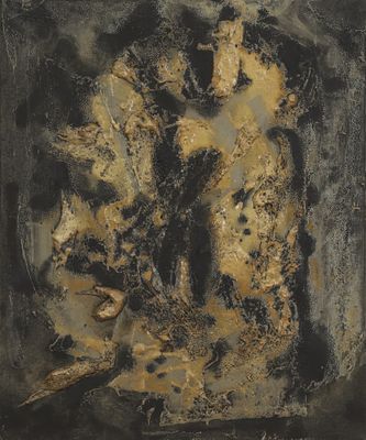 une image représentant une peinture noire et dorée sur fond noir
