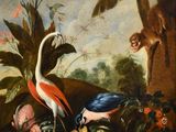un tableau représentant des oiseaux et d'autres animaux dans un décor boisé