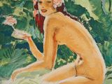 an image of a painting of a naked woman sitting in the grass