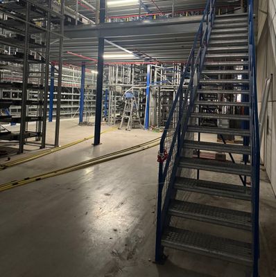 a picture of a large warehouse with lots of shelves and ladders