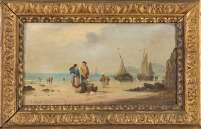 une peinture à l'huile représentant des personnes sur une plage, avec des bateaux en arrière-plan