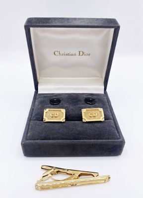 christian dior 18k gold plated cufflinks and tie bar set