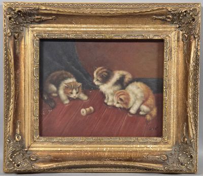 an image of a painting of three kittens on a red floor