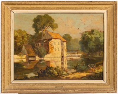 a painting of a house on a river with a bridge in the background