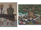 deux tableaux représentant un homme et une femme debout devant un arbre