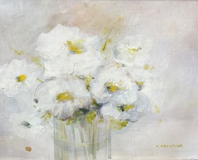 une peinture de fleurs blanches dans un vase sur une table