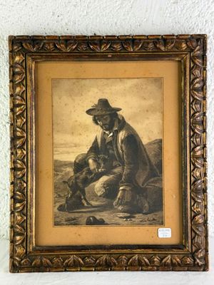 painting of a man sitting on a horse with a dog in his lap
