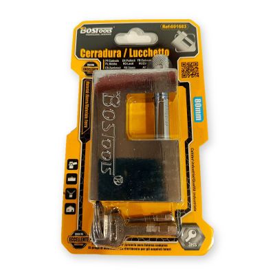 yellow and black padlock with keys and screws in a package