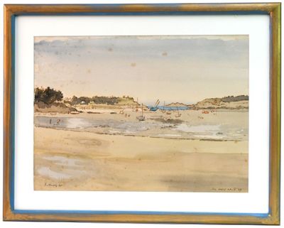 un tableau représentant une scène de plage avec des bateaux dans l'eau