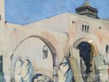 a painting of a group of people in front of a building