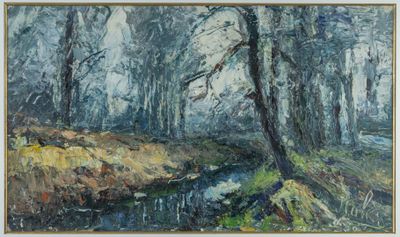 an oil painting of a stream running through a forest filled with trees