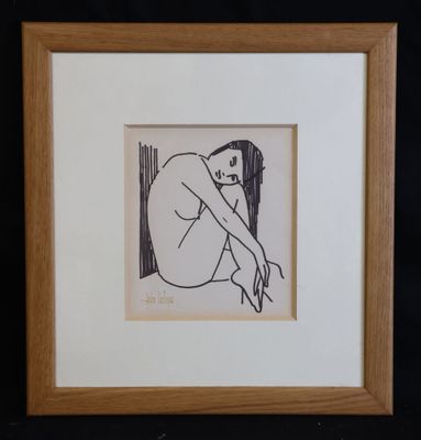 drawing of a woman sitting on her knees in a wooden frame