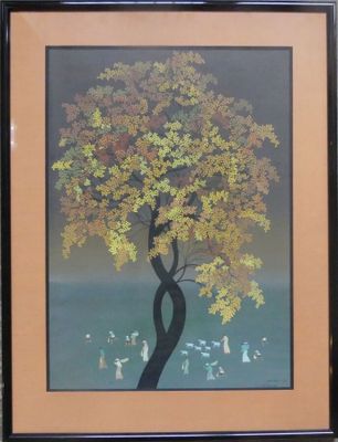 ECOLE ASIATIQUE, "Personnages au pied d'un arbre", technique…
