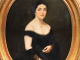 portrait of a woman in a black dress holding a rosary