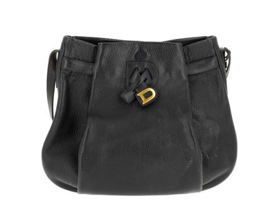 a black leather shoulder bag with a gold buckle