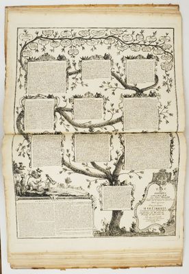 un vieux livre sur lequel figure l'image d'un arbre et d'un oiseau