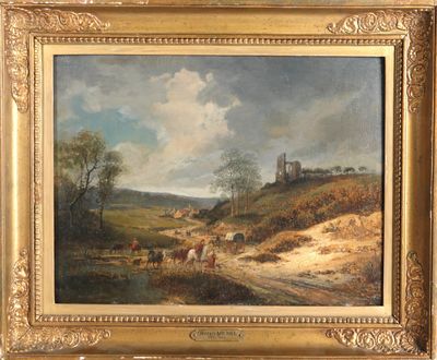 l'image d'un tableau représentant un paysage avec un château au loin