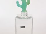 un flacon de parfum surmonté d'un cactus vert, posé sur une surface blanche