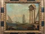 une peinture à l'huile sur toile représentant un bateau dans un port