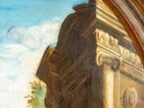an image of a painting on a wall of a building with a clock