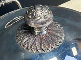 a silver plate with a lion head on top of it