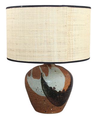 a lamp that is sitting on a table with a lamp shade on it