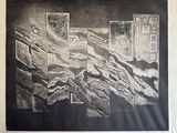 un dessin représentant une photo en noir et blanc d'une montagne