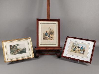 trois reproductions encadrées représentant une scène de chasse et une autre scène de chasse