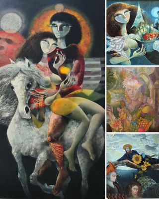 several paintings of people and animals in a collage of pictures